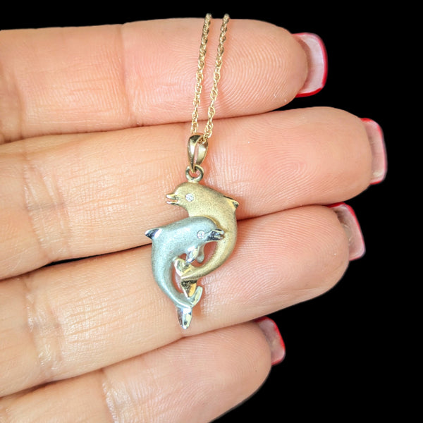 DENNY WONG Diamonds 14k Yellow White Gold Dolphin Necklace Pendant Chain Estate Vintage 