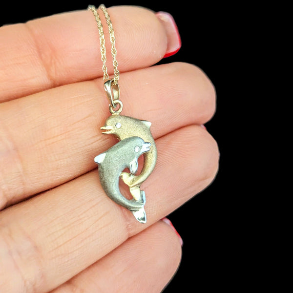 DENNY WONG Diamonds 14k Yellow White Gold Dolphin Necklace Pendant Chain Estate Vintage 
