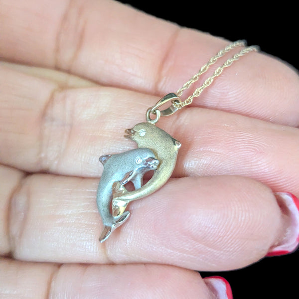 DENNY WONG Diamonds 14k Yellow White Gold Dolphin Necklace Pendant Chain Estate Vintage 