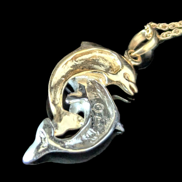DENNY WONG Diamonds 14k Yellow White Gold Dolphin Necklace Pendant Chain Estate Vintage 