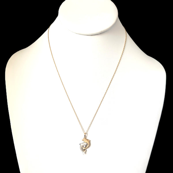 DENNY WONG Diamonds 14k Yellow White Gold Dolphin Necklace Pendant Chain Estate Vintage 