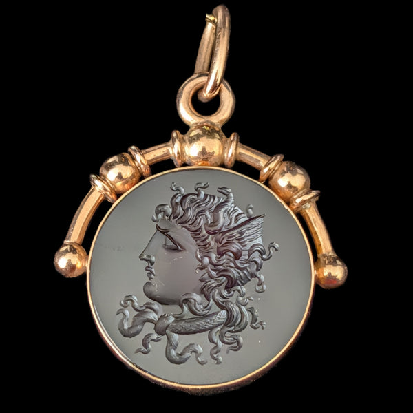 Dated 1884 Antique Medusa Carved Intaglio 14k Rose Gold Pendant Victorian Gift