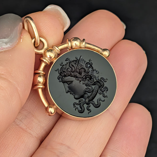 Dated 1884 Antique Medusa Carved Intaglio 14k Rose Gold Pendant Victorian Gift