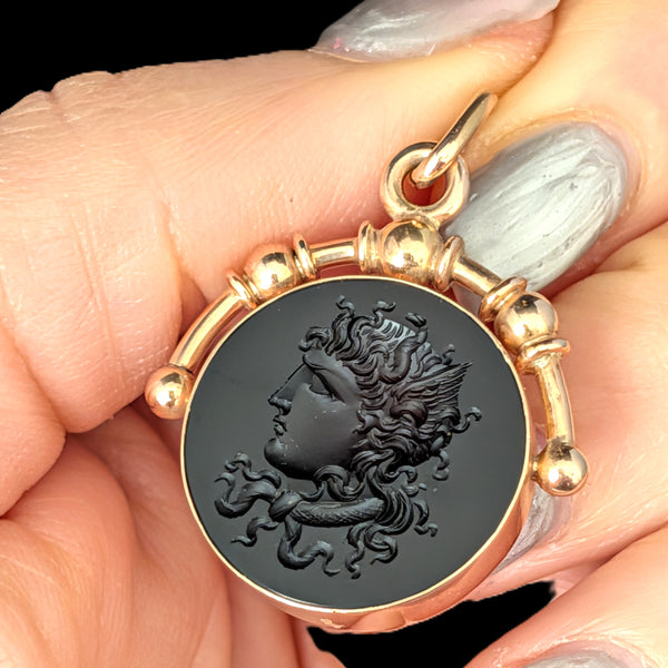 Dated 1884 Antique Medusa Carved Intaglio 14k Rose Gold Pendant Victorian Gift