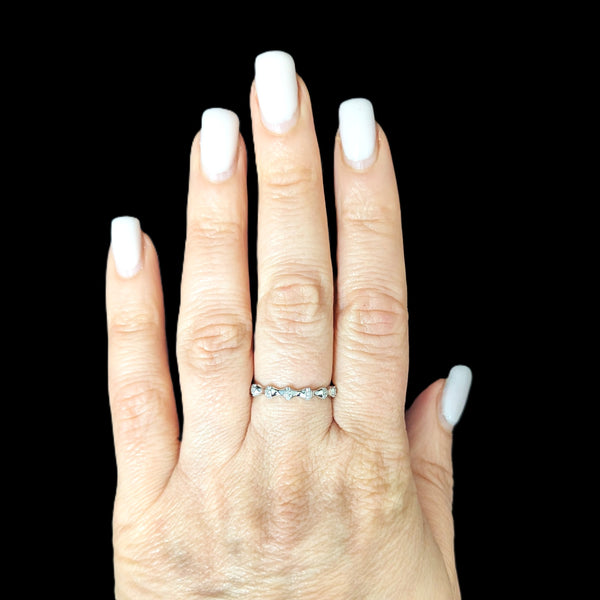 Diamonds 14k White Gold Band Ring Bamboo Pattern Stacking Estate Jewelry