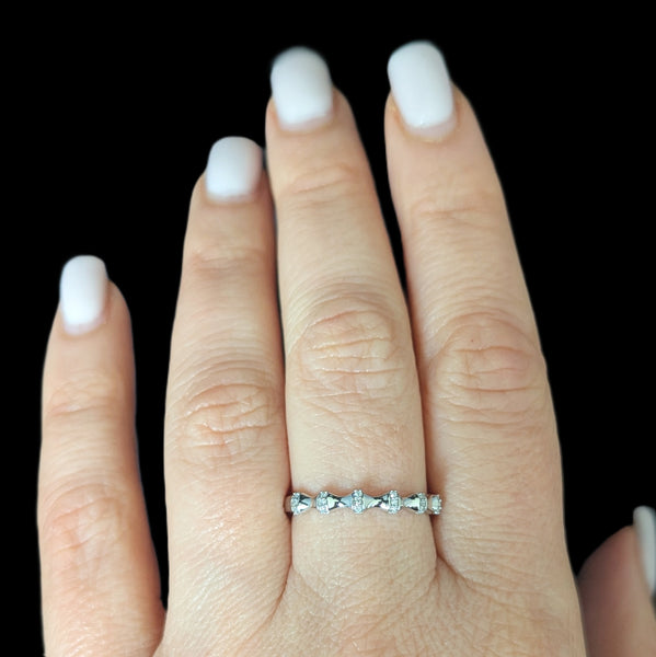 Diamonds 14k White Gold Band Ring Bamboo Pattern Stacking Estate Jewelry