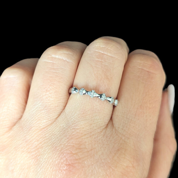 Diamonds 14k White Gold Band Ring Bamboo Pattern Stacking Estate Jewelry