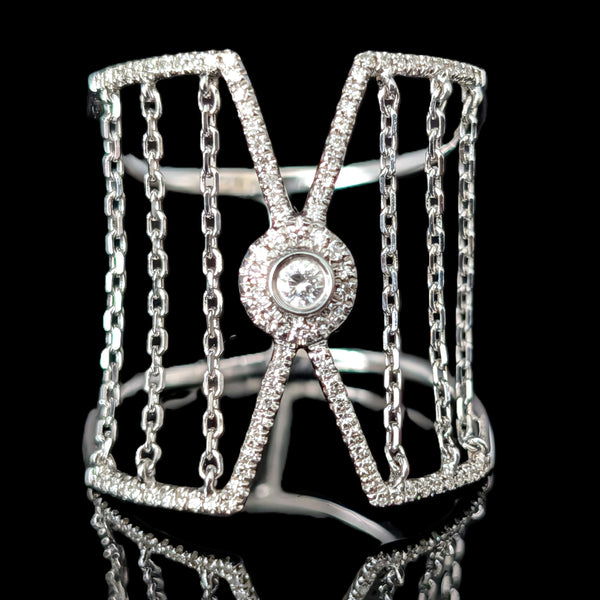 Diamonds 14k White Gold Chain Fringe Wide Cocktail Statement Unique Ring Estate  Sz 10