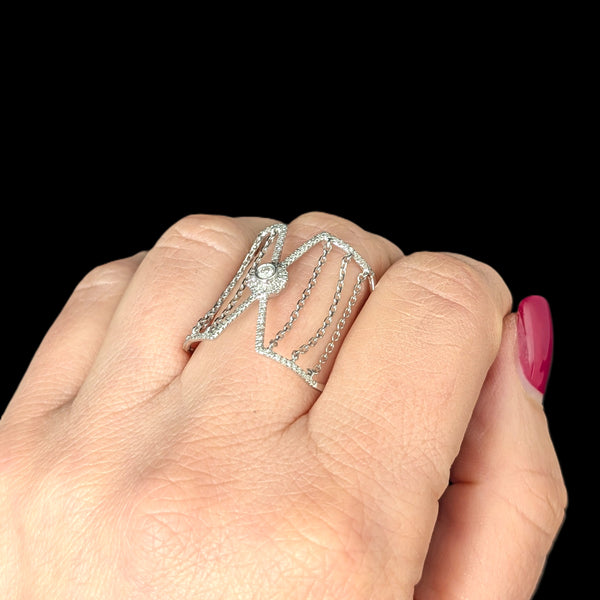 Diamonds 14k White Gold Chain Fringe Wide Cocktail Statement Unique Ring Estate  Sz 10