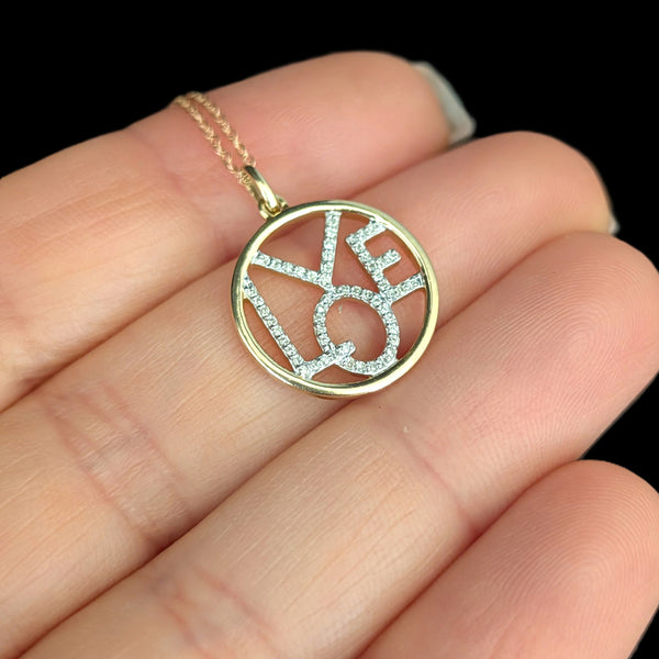 Diamonds 14k Yellow Gold LOVE Pendant with 10k Gold Chain Necklace Estate Jewelry Gift 