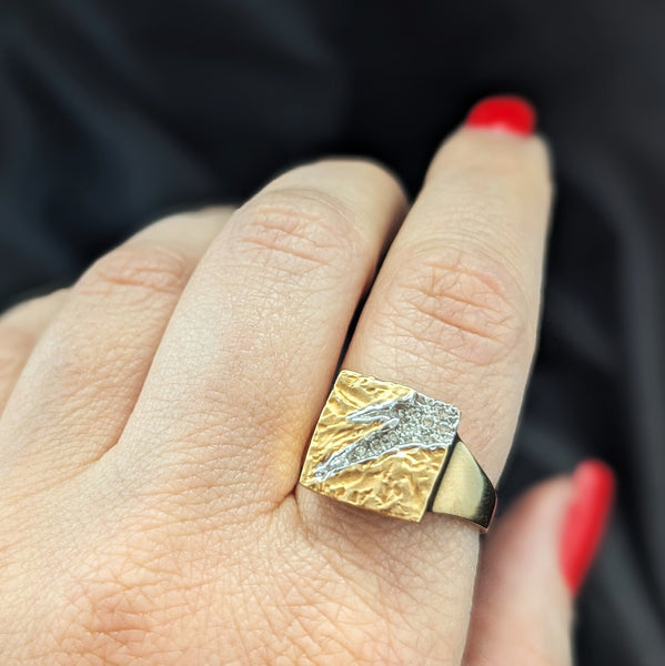 Diamonds 18k Yellow White Gold Modernistic Statement Ring Cocktail Estate Gift