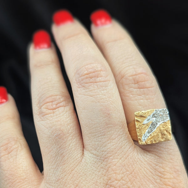 Diamonds 18k Yellow White Gold Modernistic Statement Ring Cocktail Estate Gift