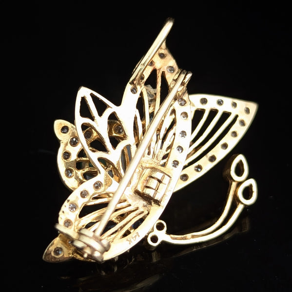 Diamonds Gem 14k Gold Butterfly Fluttering Moving Wing Articulate Pendant Brooch