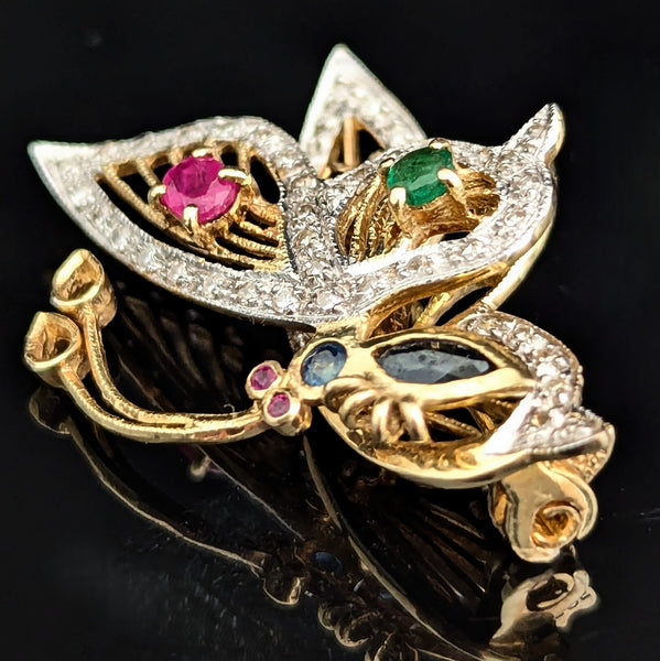 Diamonds Gem 14k Gold Butterfly Fluttering Moving Wing Articulate Pendant Brooch