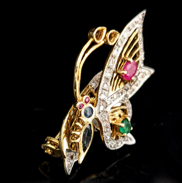 Diamonds Gem 14k Gold Butterfly Fluttering Moving Wing Articulate Pendant Brooch