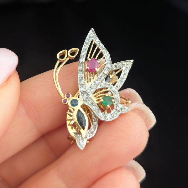 Diamonds Gem 14k Gold Butterfly Fluttering Moving Wing Articulate Pendant Brooch