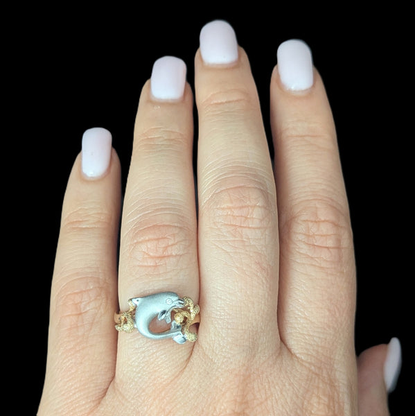 Dolphin in Coral Reef DENNY WONG Diamonds 14k Two - Tone Gold Ring Estate Beach on hand