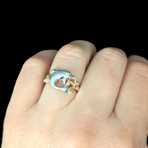 Dolphin in Coral Reef DENNY WONG Diamonds 14k Two - Tone Gold Ring Estate Beach on hand