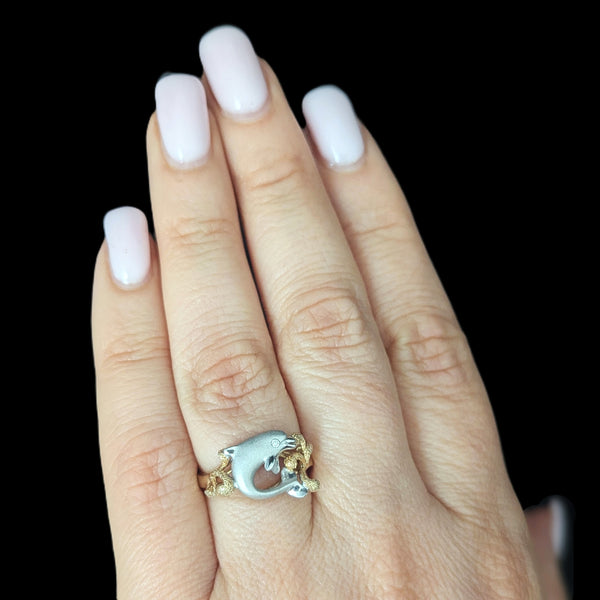 Dolphin in Coral Reef DENNY WONG Diamonds 14k Two - Tone Gold Ring Estate Beach on hand