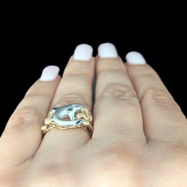 Dolphin in Coral Reef DENNY WONG Diamonds 14k Two - Tone Gold Ring Estate Beach on hand