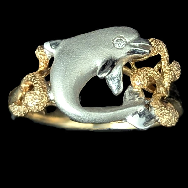 Dolphin in Coral Reef DENNY WONG Diamonds 14k Two - Tone Gold Ring Estate Beach 