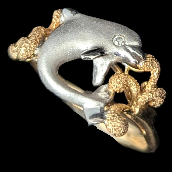 Dolphin in Coral Reef DENNY WONG Diamonds 14k Two - Tone Gold Ring Estate Beach 