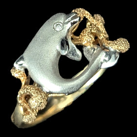 Dolphin in Coral Reef DENNY WONG Diamonds 14k Two - Tone Gold Ring Estate Beach 