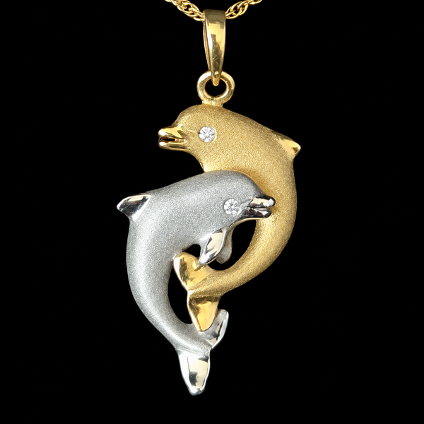Double Dolphin DENNY WONG Diamonds 14k Two - Tone Gold Necklace Pendant Estate