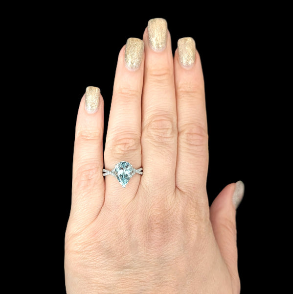 EFFY Aquamarine Diamonds 14k White Gold Ring Pear Cut Estate Gift 