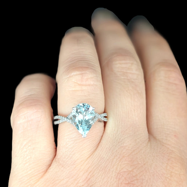 EFFY Aquamarine Diamonds 14k White Gold Ring Pear Cut Estate Gift 