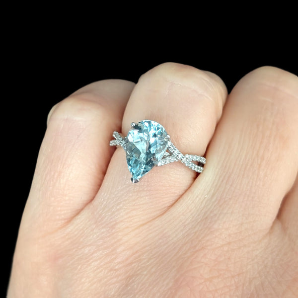 EFFY Aquamarine Diamonds 14k White Gold Ring Pear Cut Estate Gift 