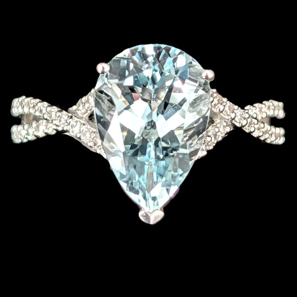 EFFY Aquamarine Diamonds 14k White Gold Ring Pear Cut Estate Gift 