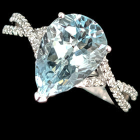 EFFY Aquamarine Diamonds 14k White Gold Ring Pear Cut Estate Gift 