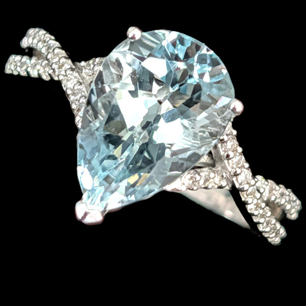 EFFY Aquamarine Diamonds 14k White Gold Ring Pear Cut Estate Gift 
