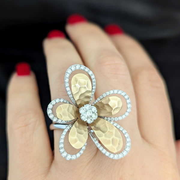 EFFY D'Oro Large Diamond Flower Ring 14k Yellow White Gold Cocktail Estate Gift 