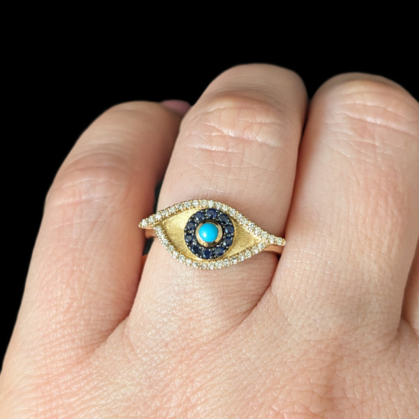 EFFY Evil Eye Ring Turquoise Diamonds Sapphires 14k Yellow Gold New Old Stock