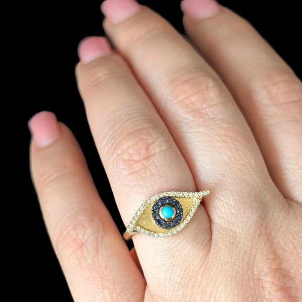 EFFY Evil Eye Ring Turquoise Diamonds Sapphires 14k Yellow Gold New Old Stock