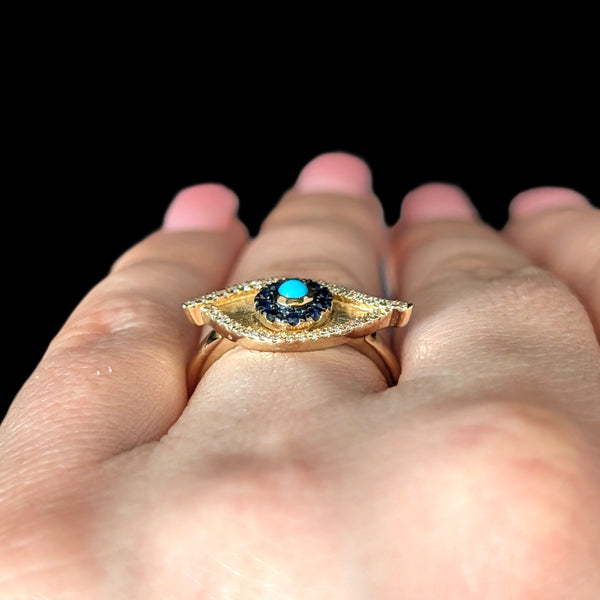 EFFY Evil Eye Ring Turquoise Diamonds Sapphires 14k Yellow Gold New Old Stock