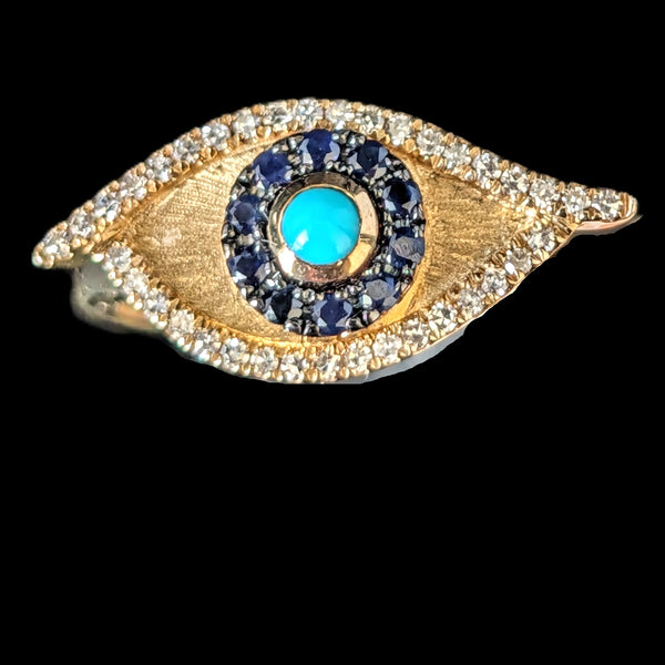 EFFY Evil Eye Ring Turquoise Diamonds Sapphires 14k Yellow Gold New Old Stock