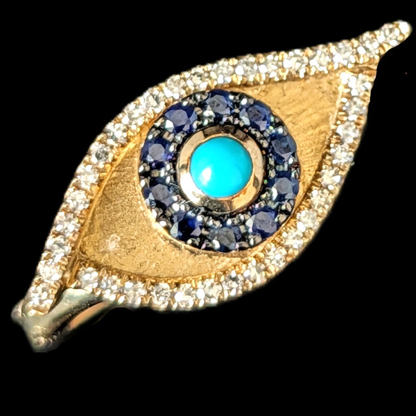 EFFY Evil Eye Ring Turquoise Diamonds Sapphires 14k Yellow Gold New Old Stock