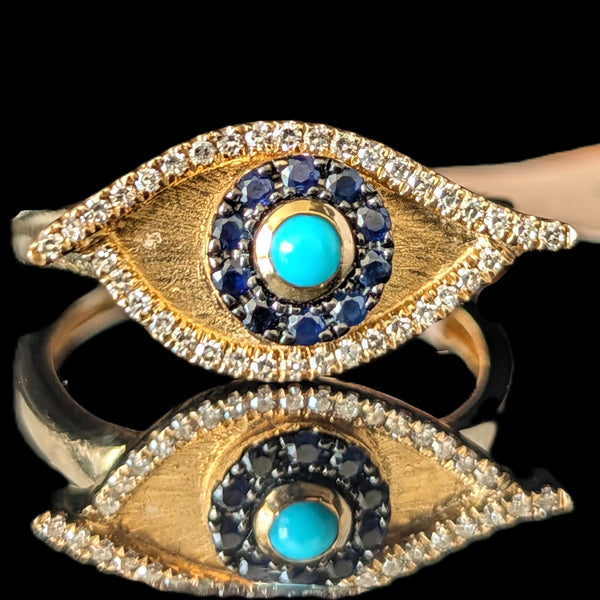 EFFY Evil Eye Ring Turquoise Diamonds Sapphires 14k Yellow Gold New Old Stock