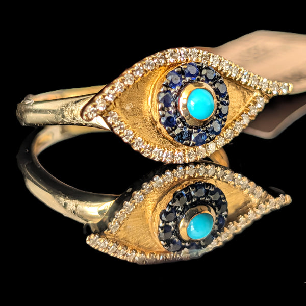 EFFY Evil Eye Ring Turquoise Diamonds Sapphires 14k Yellow Gold New Old Stock