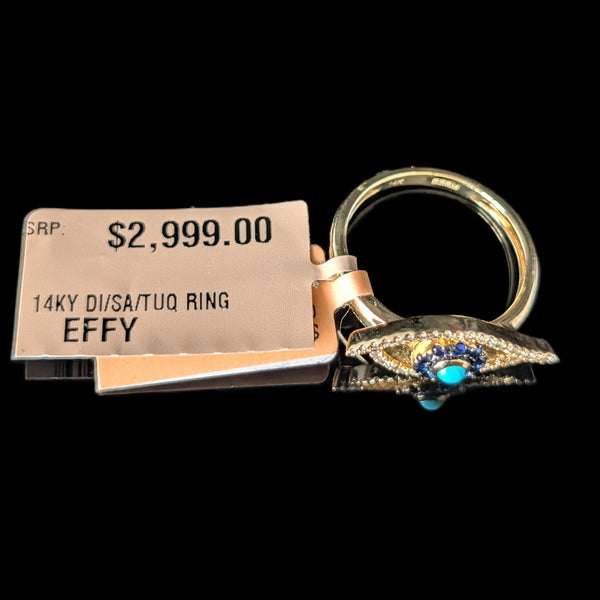 EFFY Evil Eye Ring Turquoise Diamonds Sapphires 14k Yellow Gold New Old Stock