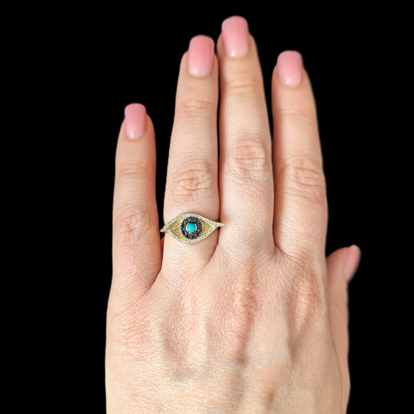 EFFY Evil Eye Ring Turquoise Diamonds Sapphires 14k Yellow Gold New Old Stock