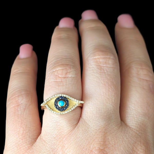 EFFY Evil Eye Ring Turquoise Diamonds Sapphires 14k Yellow Gold New Old Stock