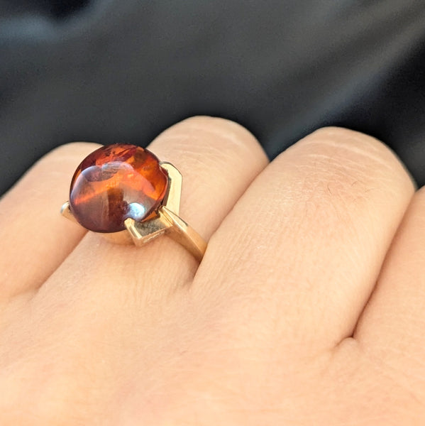EINER BERNARD FEHRN Vintage Amber 14k Yellow Gold Statement Ring Retro Orange