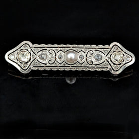 The Lancaster - Edwardian Era Diamonds Pearl 18k Gold Platinum Brooch