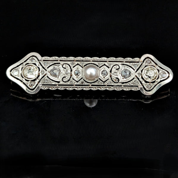The Lancaster - Edwardian Era Diamonds Pearl 18k Gold Platinum Brooch