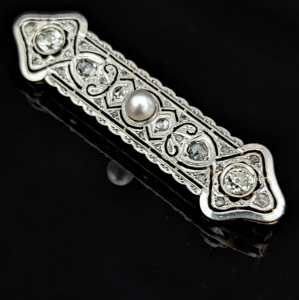 The Lancaster - Edwardian Era Diamonds Pearl 18k Gold Platinum Brooch