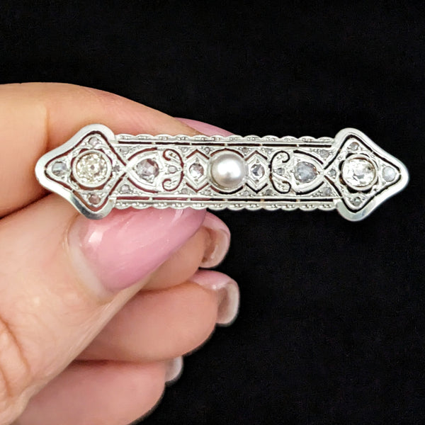 The Lancaster - Edwardian Era Diamonds Pearl 18k Gold Platinum Brooch